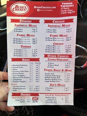 Menu with pricing