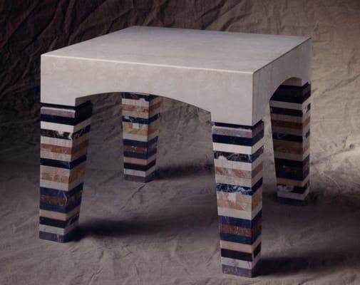 Side table of Multi colored marble legs and Bottoccino Marble top.