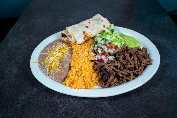 #10 Carne Asada Plate: Served with Pico de Gallo, Guacamole, and Lettuce. Served with our homemade Pinto Beans & Rice.