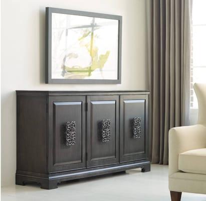 The Brockton Credenza from Hooker Furniture has fantastic hardware and measures 64 x 18 x 36.