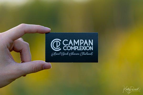 Business cards of CamPan Complexion, showcasing quality, as well as uniqueness.