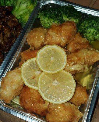 Lemon Chicken... a little sweet for my taste but great with a little chili oil added! Nice big pieces of white meat chicken