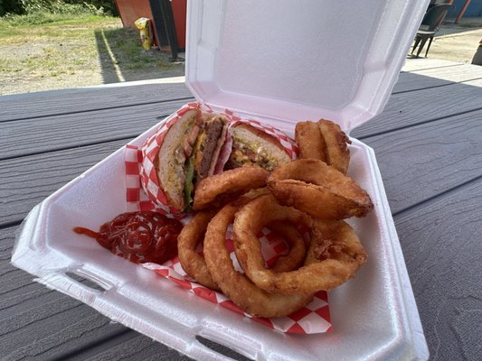 Bacon cheeseburger with our beer battered onion rings. Try it with a Refreshing Coca-Cola