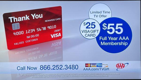 AAA ad offering $25 Visa gift card