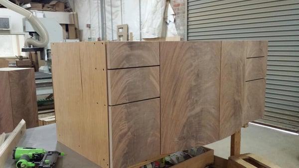 Vanity being constructed out of Crotch Mahogany