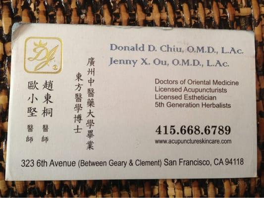 Business Card for Donald D. Chui and Dr. Jenny X. Ou acupuncture and Traditional Chinese Medicine