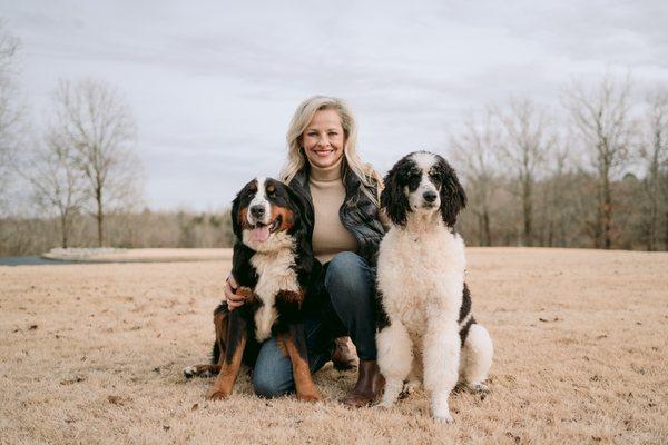 LaDonna Thomas, Owner of Bernedoodle Bliss, with Gucci and Ransom.