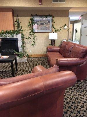 Reception area with fireplace. The "business" center area with desktop is to the left of the couches.