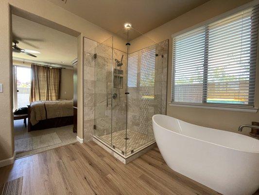 Here's another recent Frameless Shower Enclosure we installed with Clear Glass, Brushed Nickel Ladder Pull Handle and Hardware. Amazing