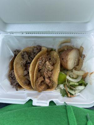 Tacos de chicharrón verde barbacoa y bistec