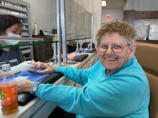 My grandma getting a Manicure