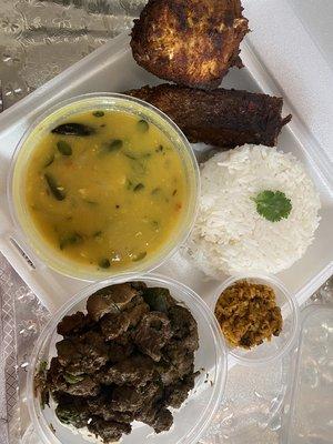 Fried Fish, Chicken Liver & Giblet Curry, Lentil soup & rice with Achar (pickle)