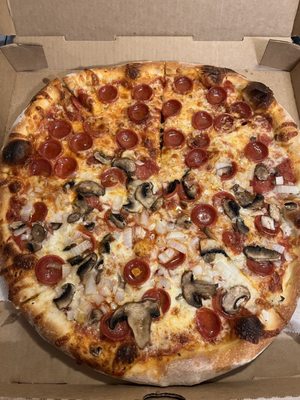 Pepperoni and one half also has mushrooms and onions