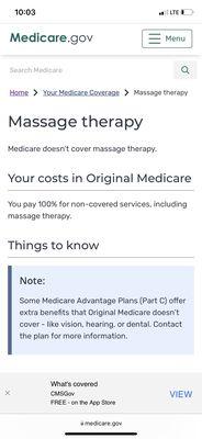 Medicare does NOT cover medical massage with a plan A 65 gap plan