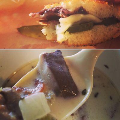 Bacon, Swiss, jalapeños and blackberry preserves on rye with a creamy chicken, bacon and shiitake mushroom soup. Delicious!