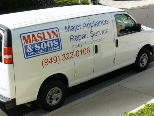 Vehicle graphics. The customer "Maslyn & Sons" is in California. We produced & shipped the vinyl, they applied it themselves.