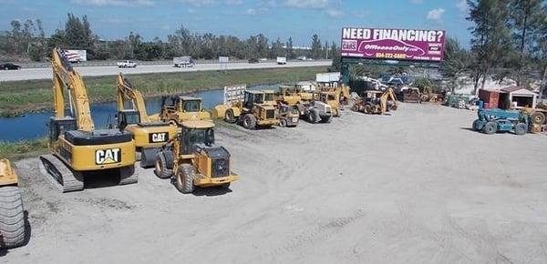 Aerial view Heavy Equipment Display yard, Compaction Equipment , excavator, motorgraders, crawler tractors