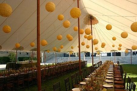 Rehearsal dinner tent filled with paper lanterns