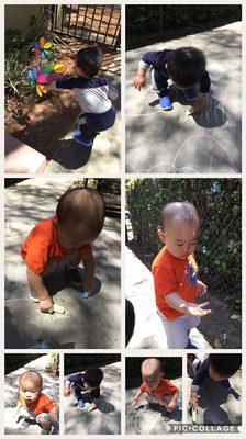 Outdoor play; using chalk and bubble popping!