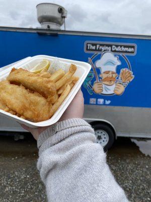 Two piece fish and chips with tartar sauce