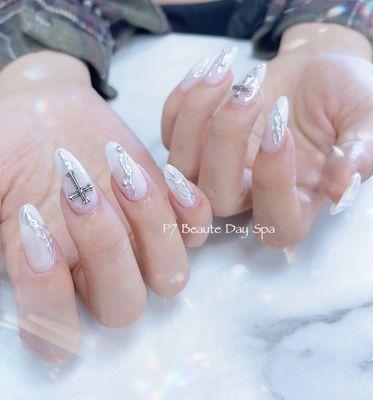 Apres Gel-X chrome, cross designs with off white gel polish.  Japanese nail art designs