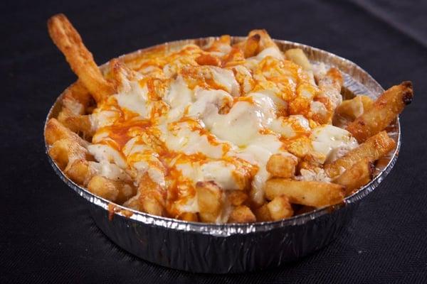 T-Bird Fries- hot sauce on french fries with grilled chicken chunks, ranch dressing, with mozzarella cheese baked on top