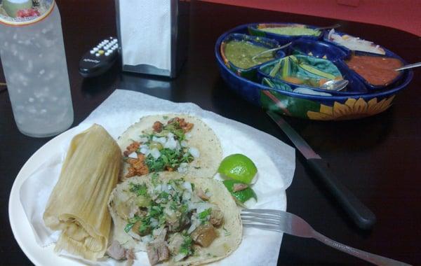 Tacos (chorizo, carnitas), Tamale