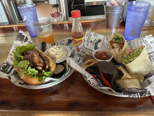 Mahi poboy, grilled shrimp wrap basket