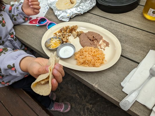 Kids plate. My daughter loved this and ate everything! We even had to order extra tortillas because they were so good and fresh