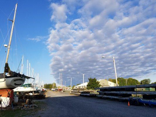 Fall haul-out season in the boatyard. For the safety and security of our customers, the yard features perimeter fencing/lighting/water.