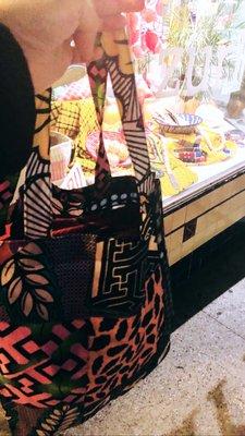 Each purchase is placed in a reusable tote made from fabric scraps.