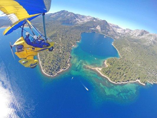 Weight-shift control Light Sport Aircraft pilot training above Lake Tahoe Emerald Bay