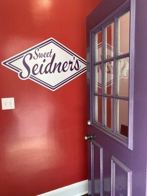 The inside door of Sweet Seidner's Bake Shop in Hamden.