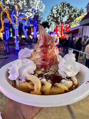 Strawberry Shortcake Sundae Funnel Cake. Six Flags Magic Mountain 12/26/2021