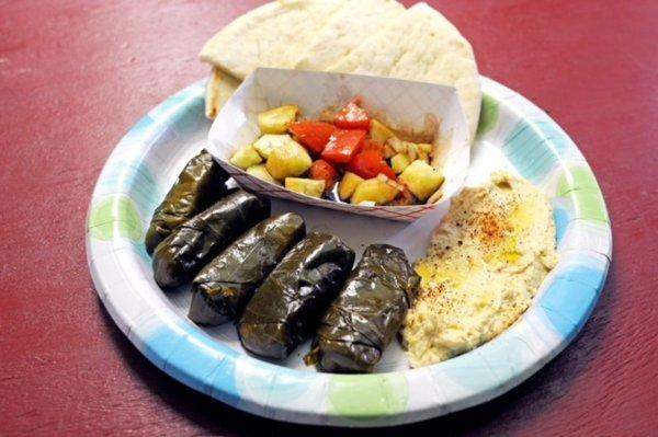 Stuffed Grape Leaves with Hummus, Pita, and Cucumber Salad