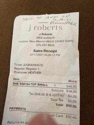 Receipt for blouse