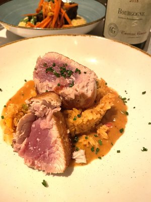 Yellowfin tuna with Cajun rice, andouille and étouffée