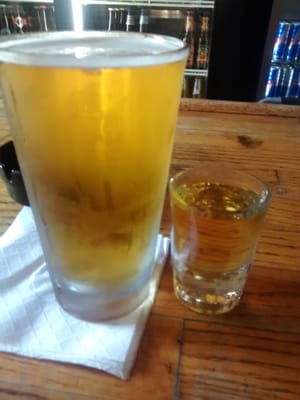 Beer and Paddy's Bee Sting Whiskey.. Big shot for $5.. I like happy hour ..