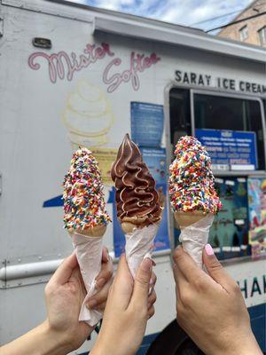 chocolate dipped vanilla soft serve + vanilla soft serve with sprinkles