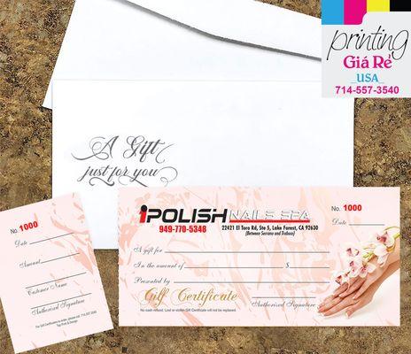 Gift Certificate: 
 - 14pt Cover Paper
 - Number and Tear Card
 - Come with White Evenlopes