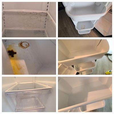 Before/after pictures of the inside of a refrigerator. Every move-out/move-in cleaning includes a deep clean of the refrigerator.