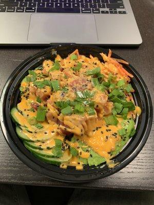 Bowl with tuna and salmon and assorted toppings.