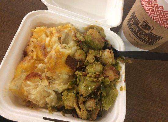 San Mateo hospital cafeteria lunch sides: Brussel sprouts and potato, tasty and affordable