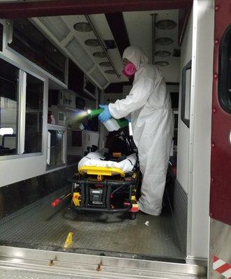 Electrostatic Cleaning of Ambulances using a hospital-grade disinfectant.