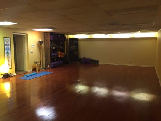 This is the yoga class room with everything you need to take a class or bring your own things!