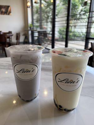 Taro milk tea and honey milk tea with boba