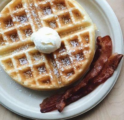 Gluten free waffle with Applewood smoked bacon.