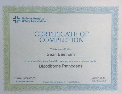 Sean Beetham is certified by OSHA standards in Bloodborne Pathogens.