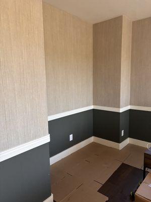 Vinyl wall-covering installation and paint in master bedroom