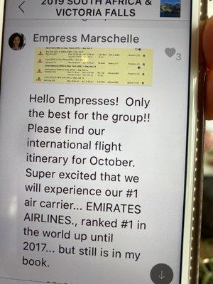 Message from Marschelle confirming Emirates airline